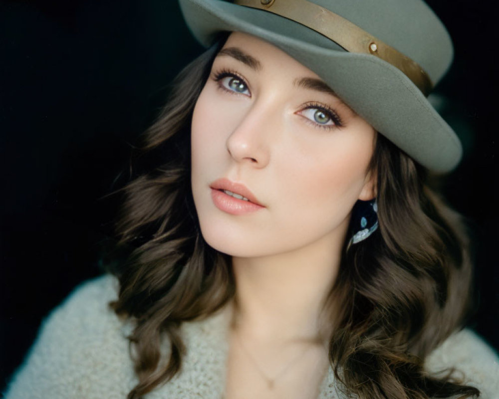 Woman in Tan Hat and White Coat Portrait Against Dark Background