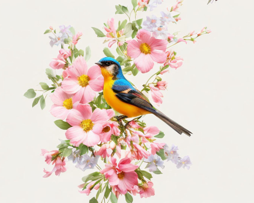 Colorful Bird on Blooming Branches with Pink Flowers and Flying Insects