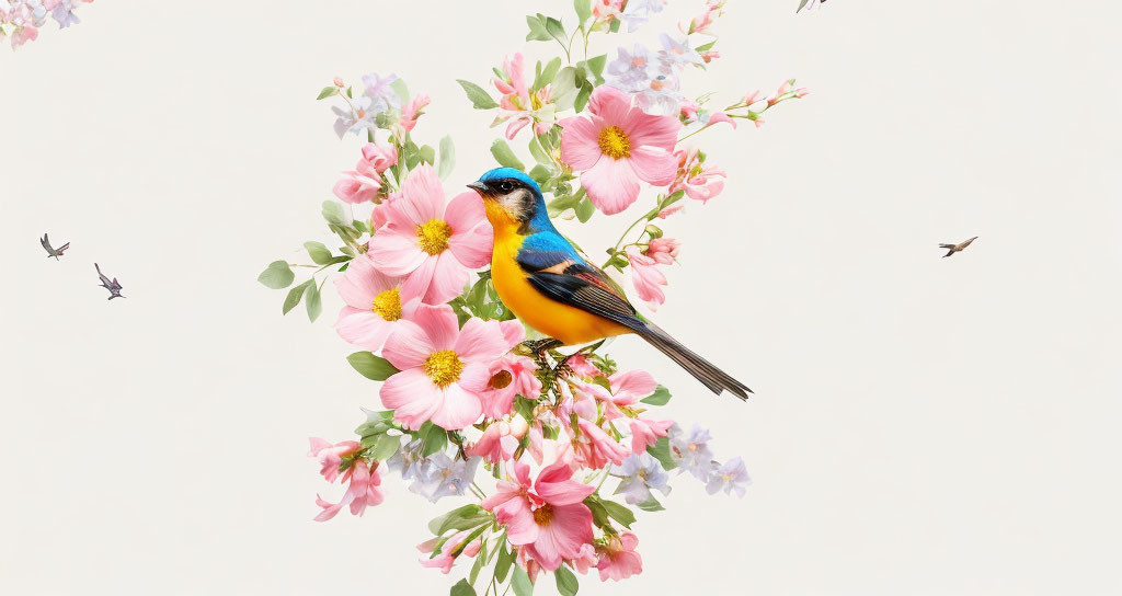 Colorful Bird on Blooming Branches with Pink Flowers and Flying Insects