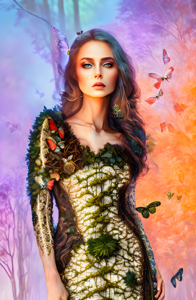 Colorful Woman in Nature-Inspired Attire with Butterflies in Mystical Forest