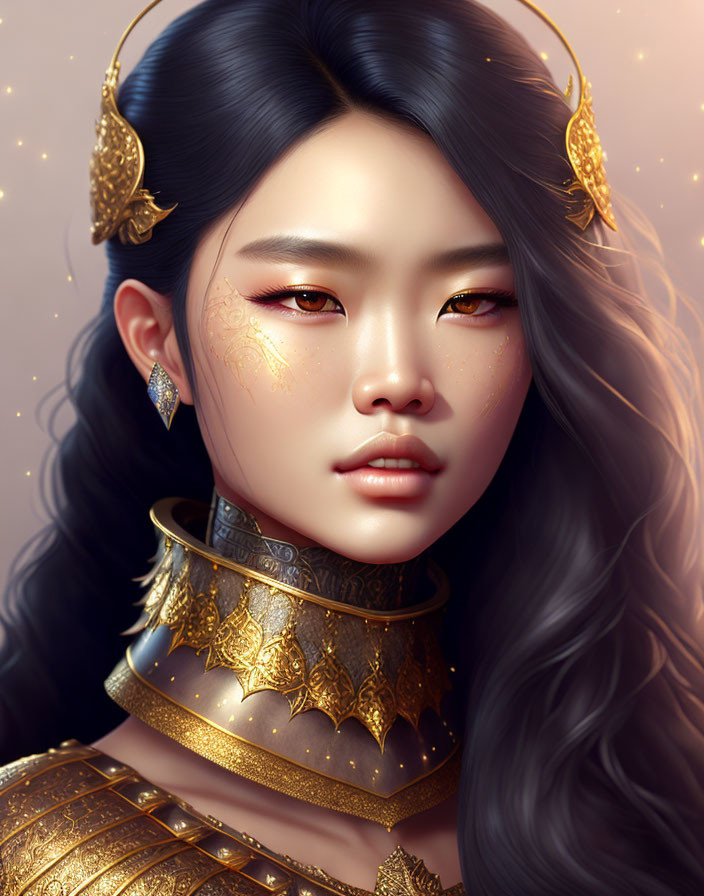 Illustrated portrait of woman with wavy black hair, gold accessories, choker, shoulder armor,