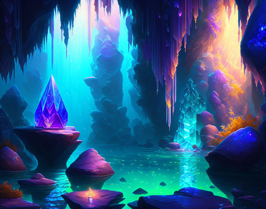 Fantasy Cave with Glowing Crystals and Luminescent Water