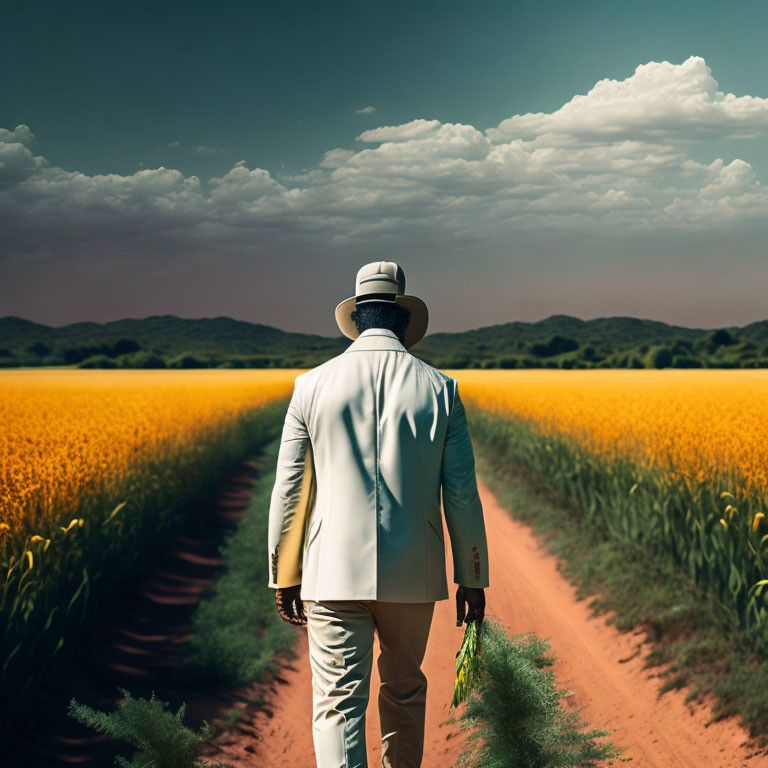 Person in White Suit Standing in Yellow Field with Dramatic Sky