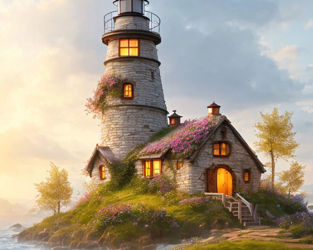 Stone lighthouse with flowering vines by sea at sunset with cozy cottage.