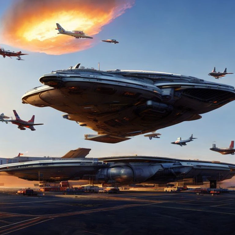 Futuristic spaceport with hovering starship and aircraft in orange sky