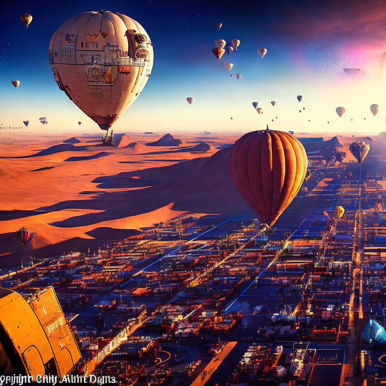 Futuristic cityscape with pyramidal structures and hot air balloons at sunset