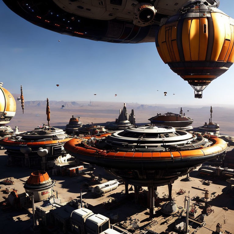 Futuristic cityscape with floating structures and spacecraft in desert setting