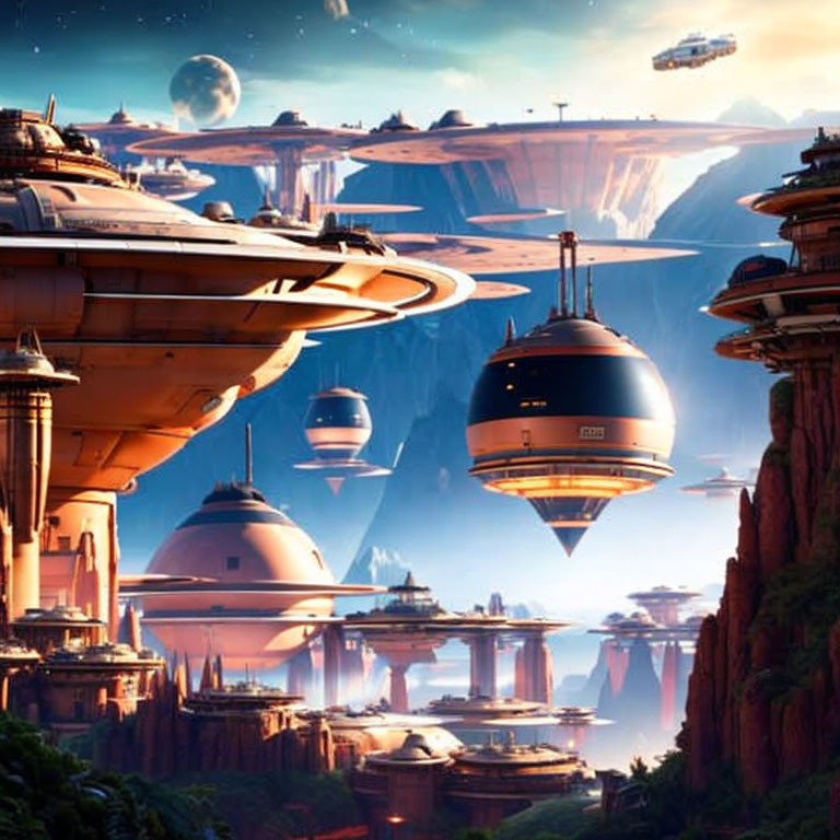 Futuristic cityscape with floating structures, advanced architecture, spaceships, mountains, and distant moon