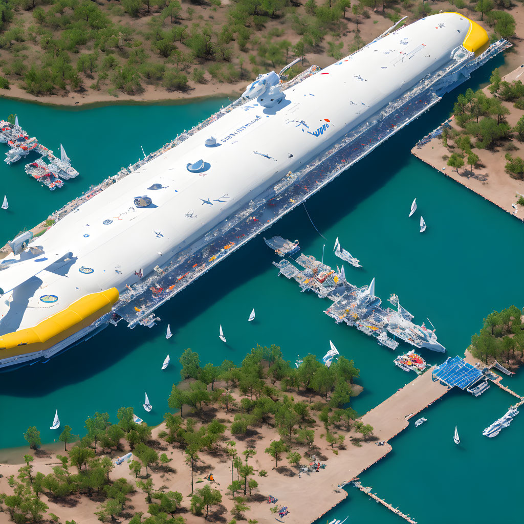 Large cruise ship docked at port with smaller boats, lush greenery, and sandy shoreline.