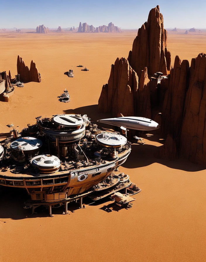 Circular buildings and spacecraft in futuristic desert outpost.