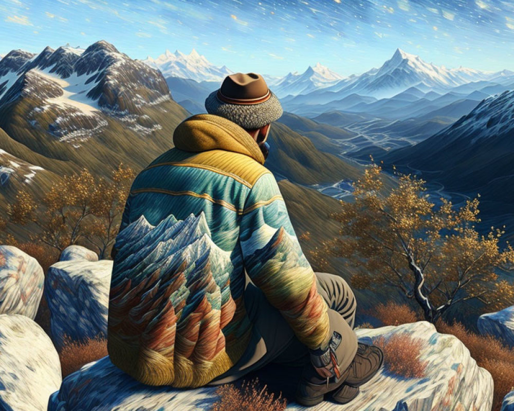 Colorful Striped Jacket Person Admiring Snowy Mountain Landscape