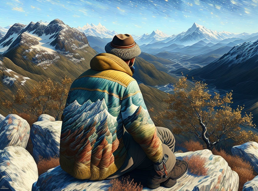 Colorful Striped Jacket Person Admiring Snowy Mountain Landscape