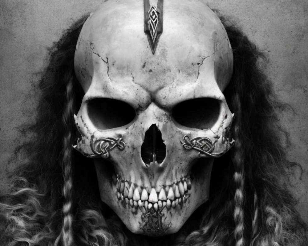 Detailed Stylized Skull with Horned Forehead Emblem and Intricate Designs
