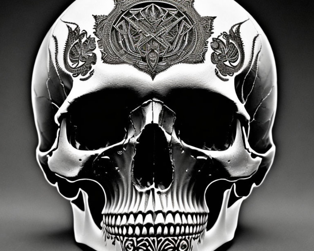 Intricate Floral Patterns on Silver Skull Against Black Background