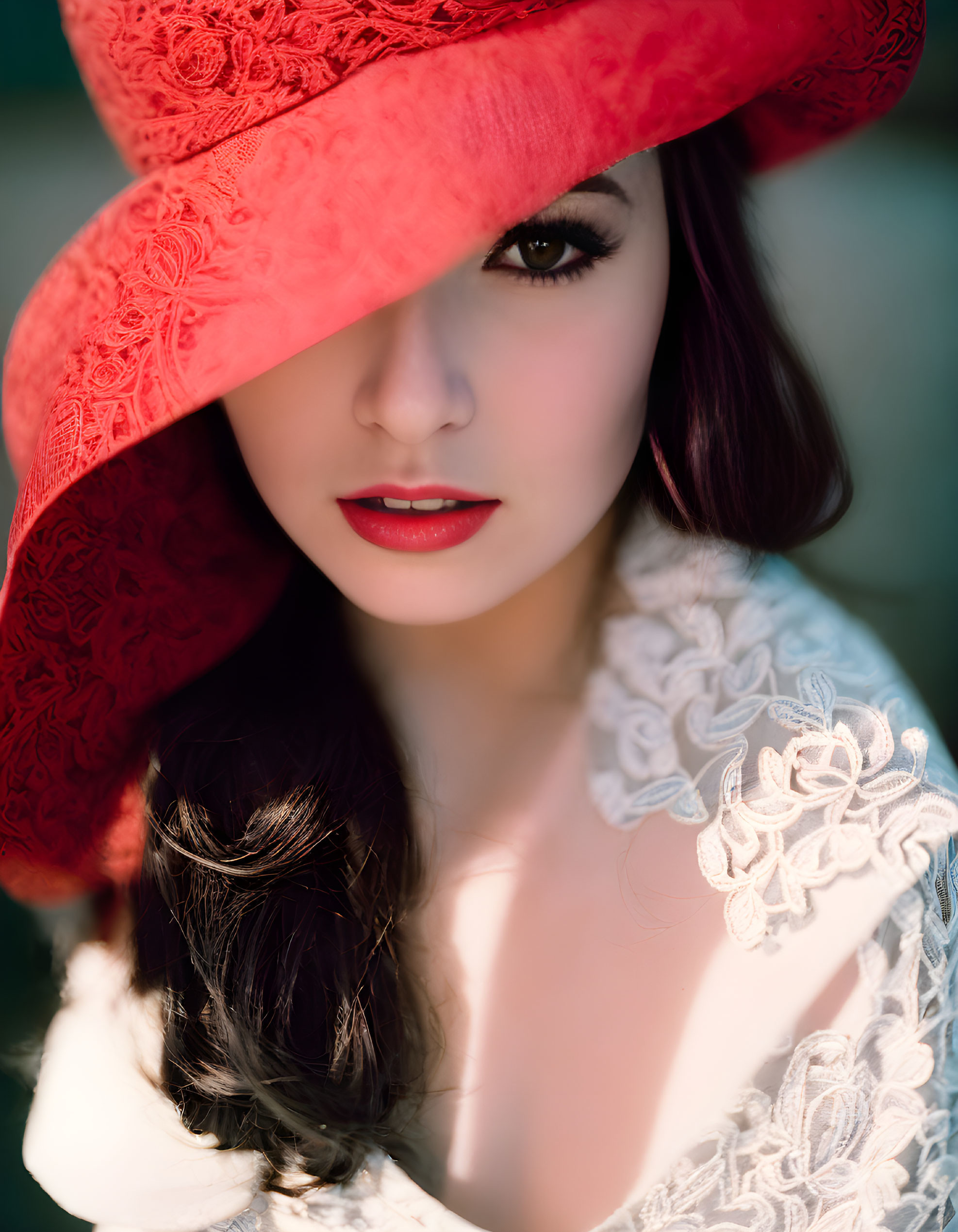 Fair-skinned woman in red hat and white lace attire with dark hair and bold makeup.