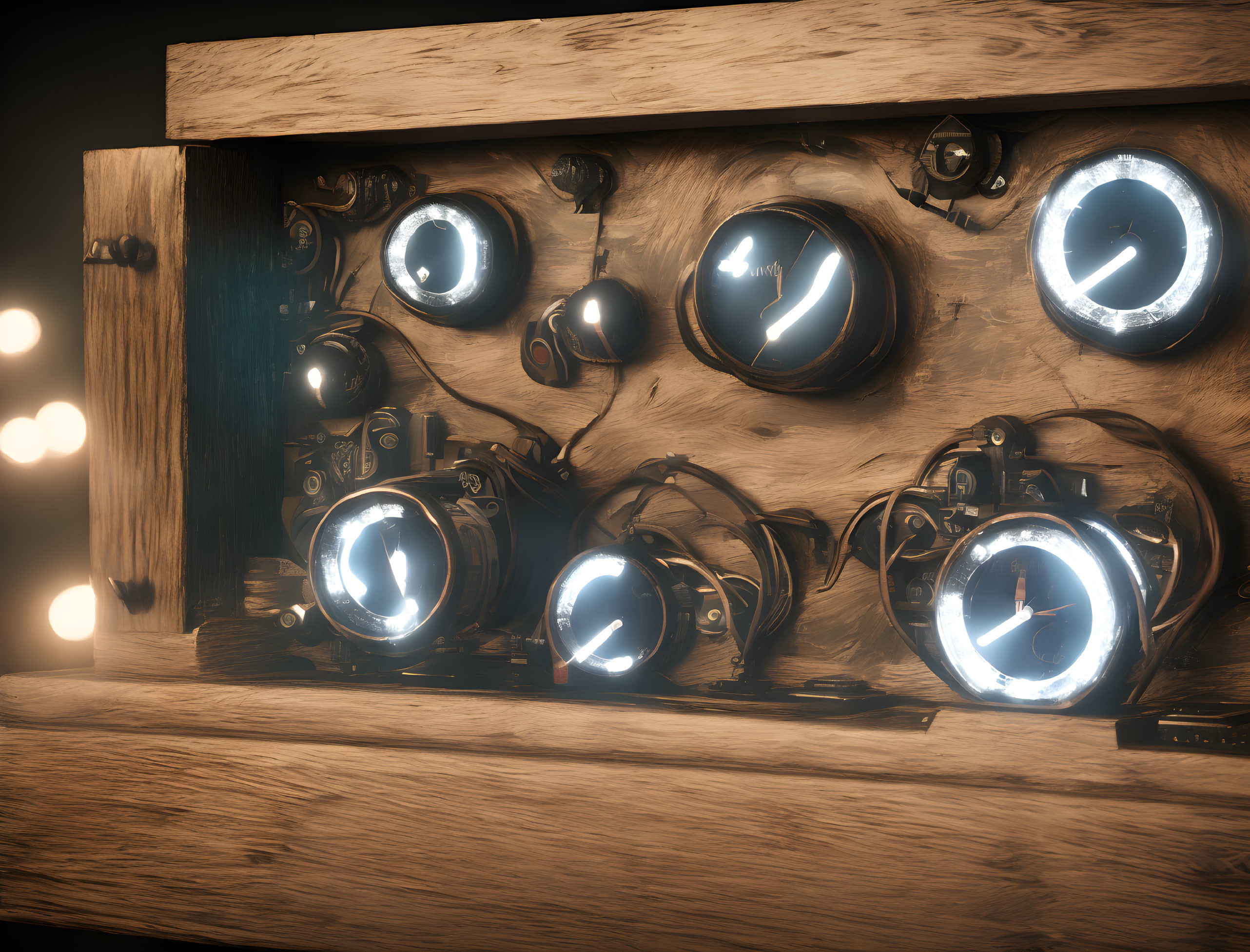 Vintage Circular Gauges Mounted on Wooden Board with Illuminated Faces