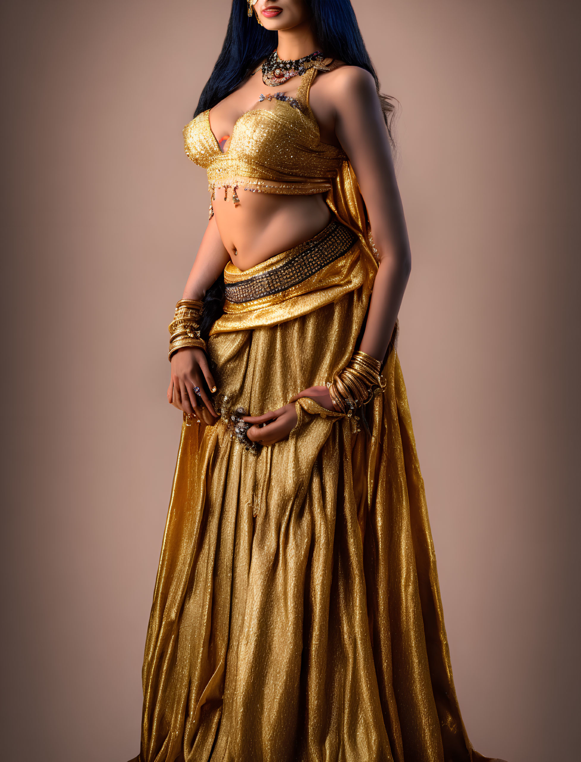 Woman in Golden Belly Dance Costume with Jewelry Pieces