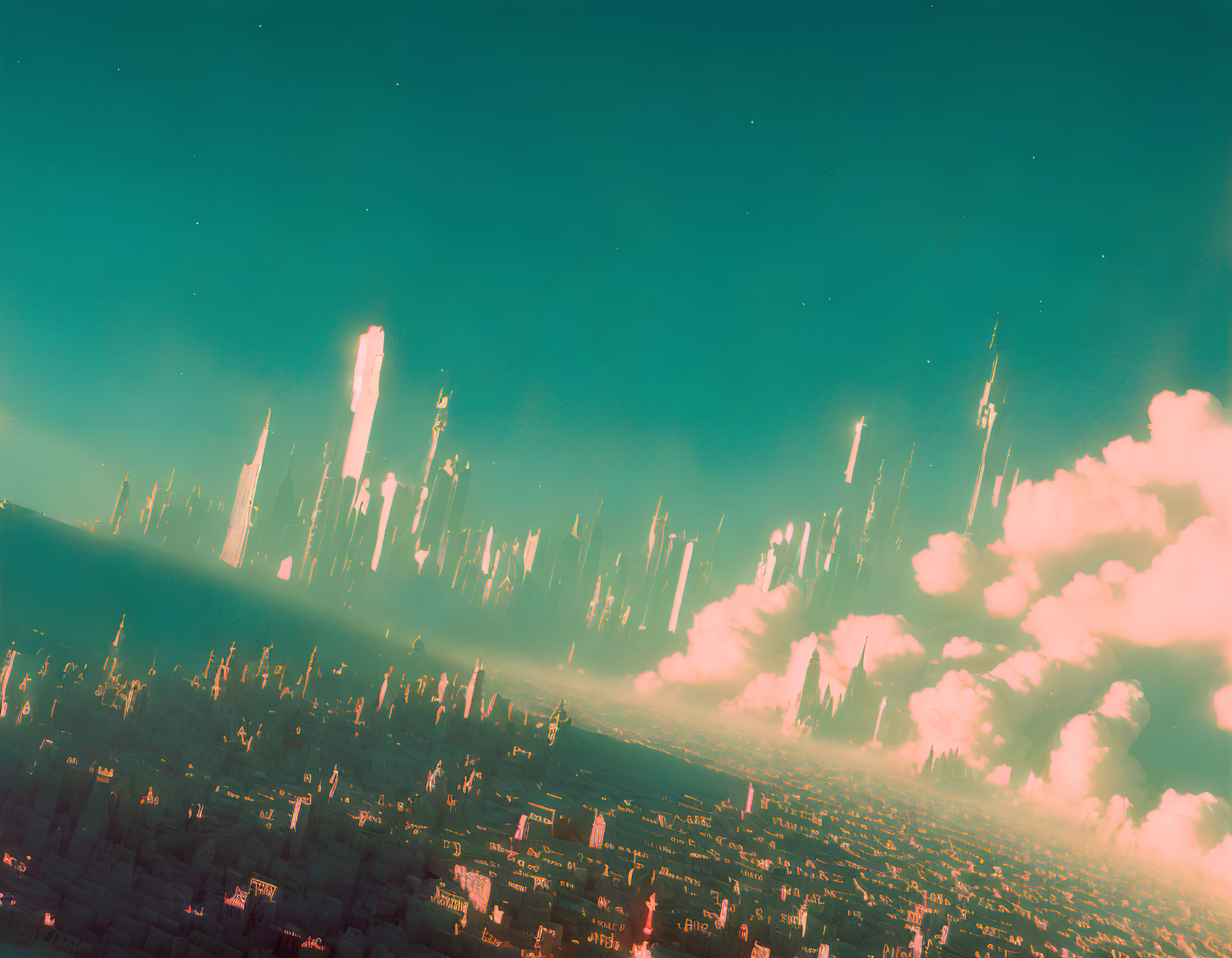 Futuristic cityscape with towering skyscrapers in warm orange glow