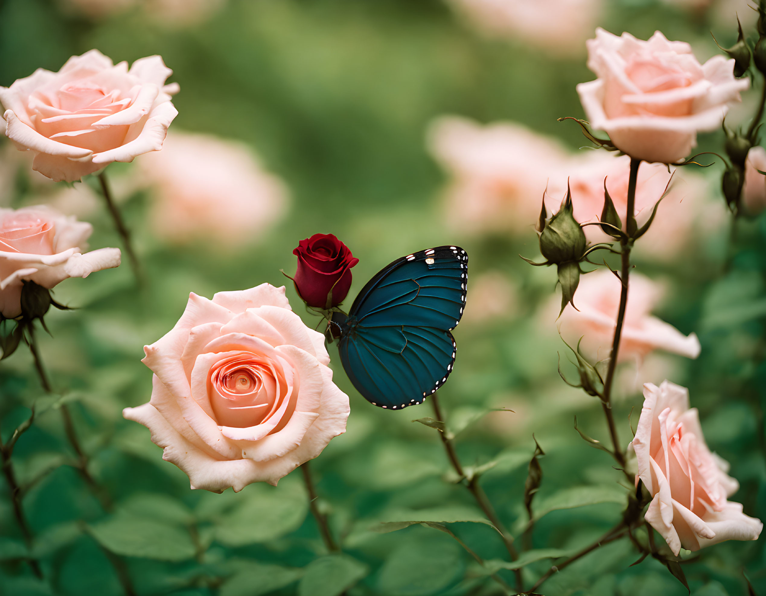 Colorful Butterfly Resting on Greenery and Pink Roses