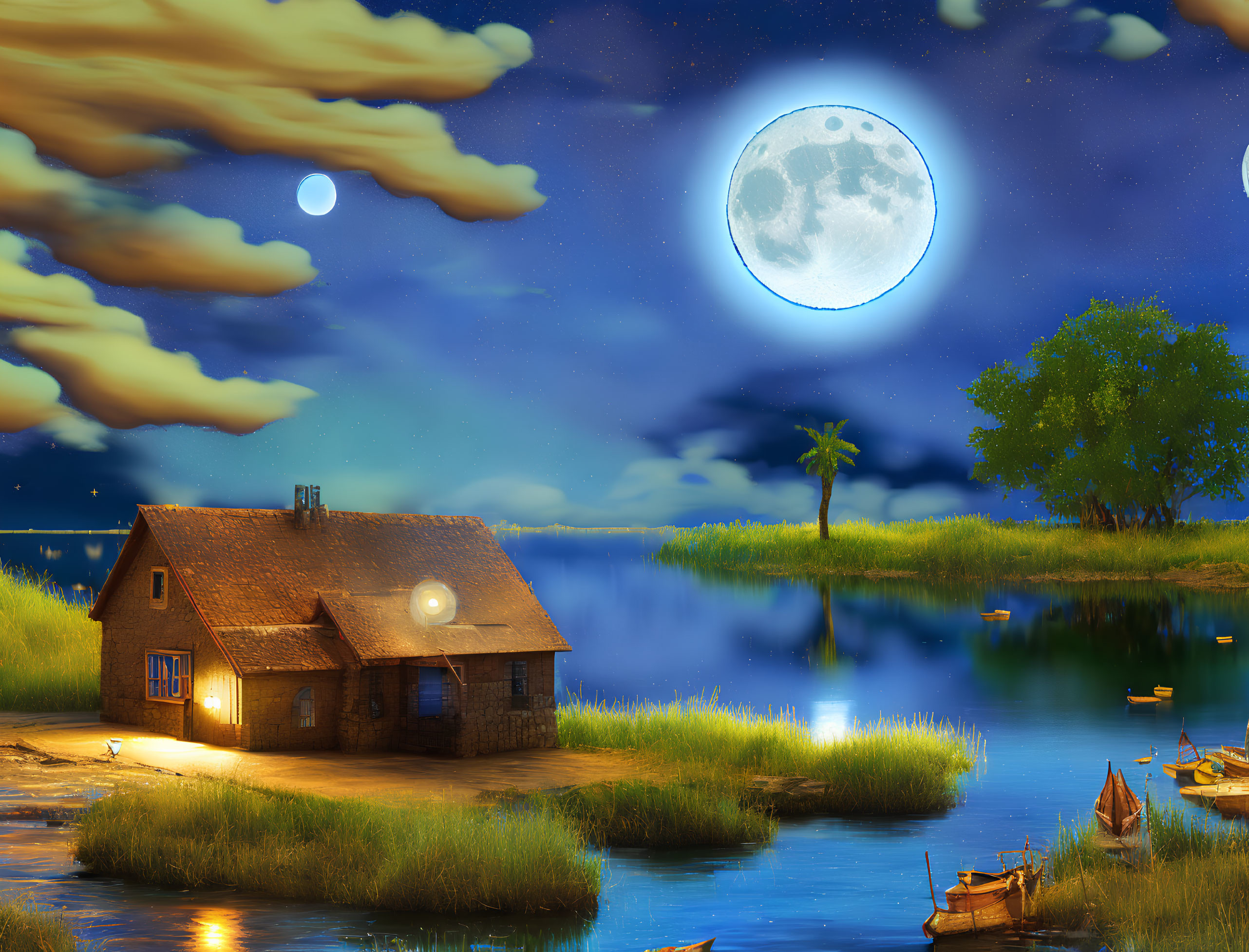 Full Moon Night Scene: Lakeside House, Illuminated Windows, Boats, Cloudy Sky