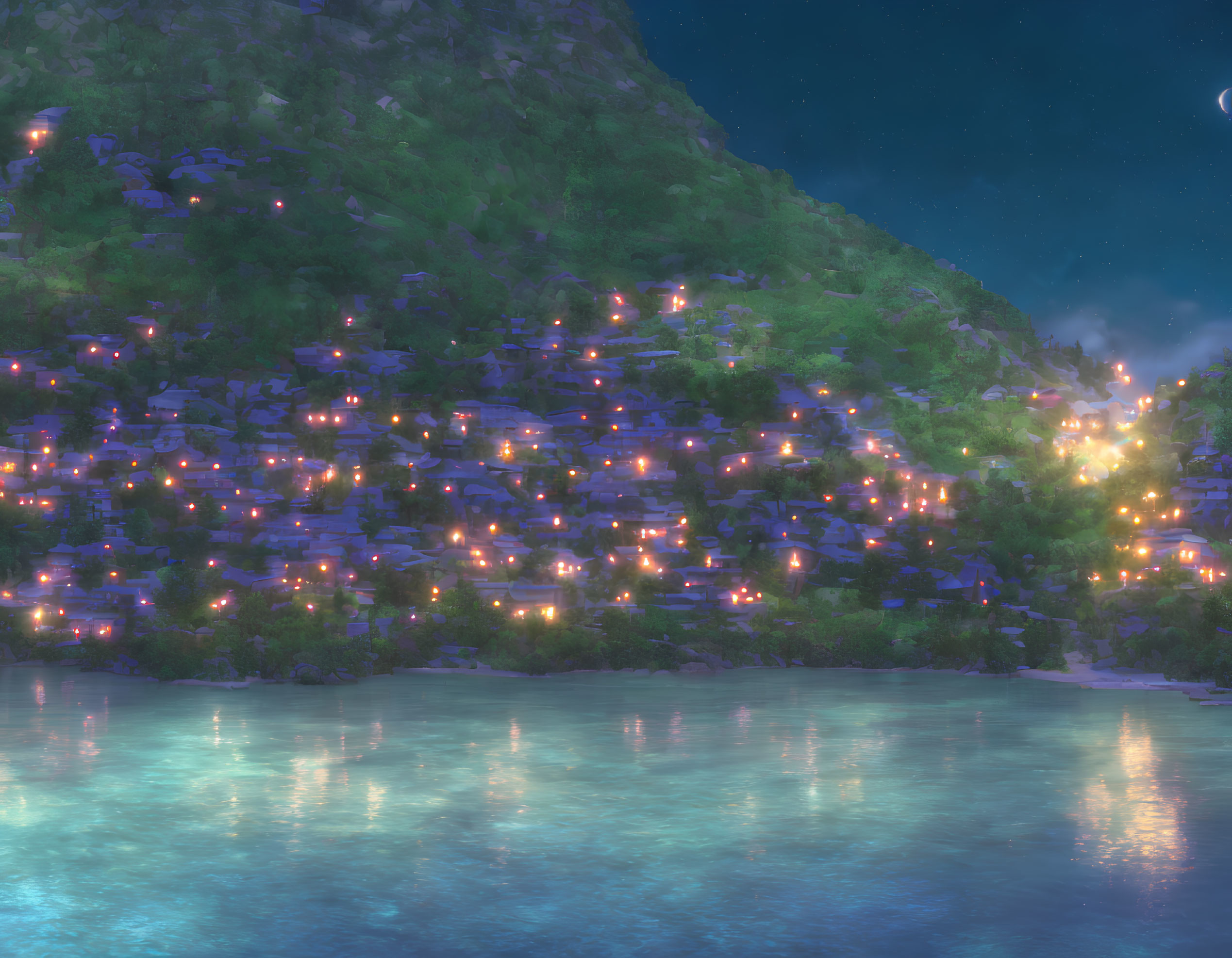 Mountain village reflected in serene water under starry sky