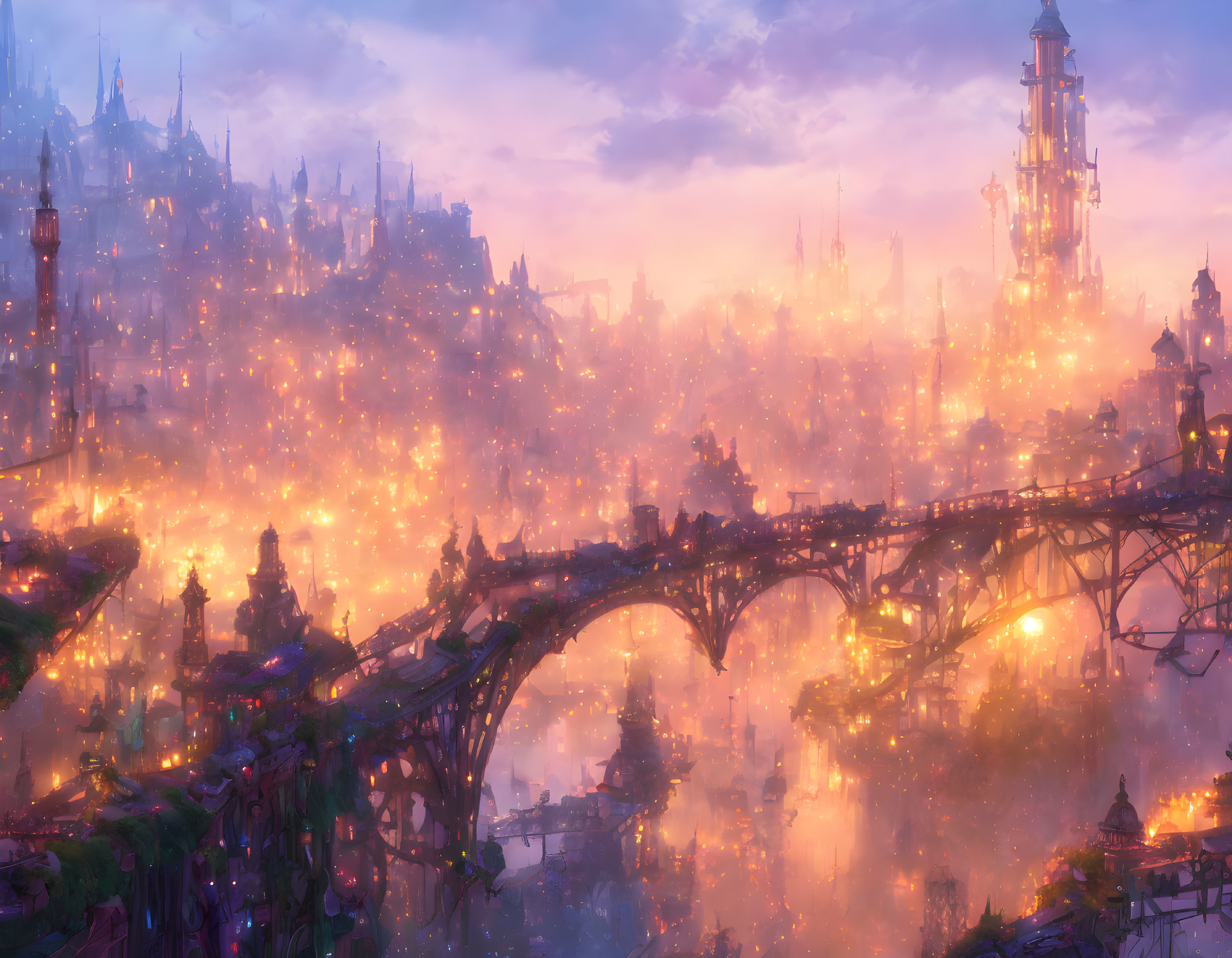 Fantastical Cityscape Twilight View with Warm Glowing Lights