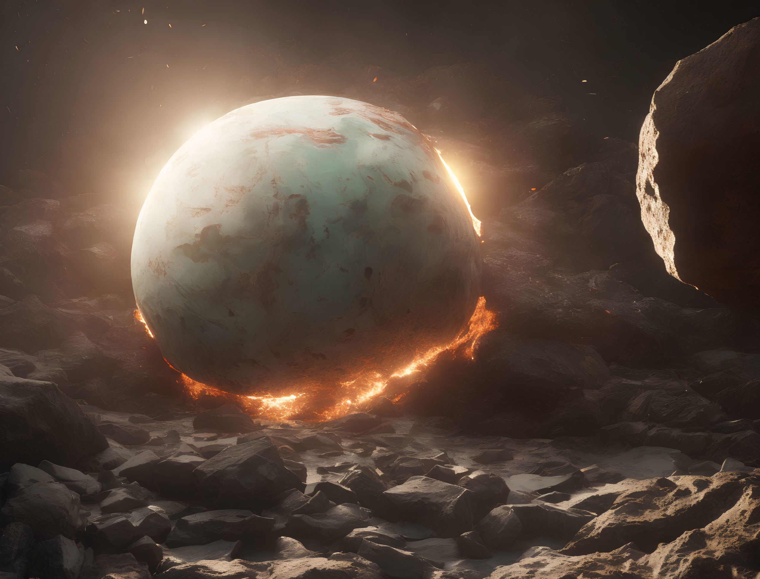 Molten core celestial body above rocky terrain under warm star glow