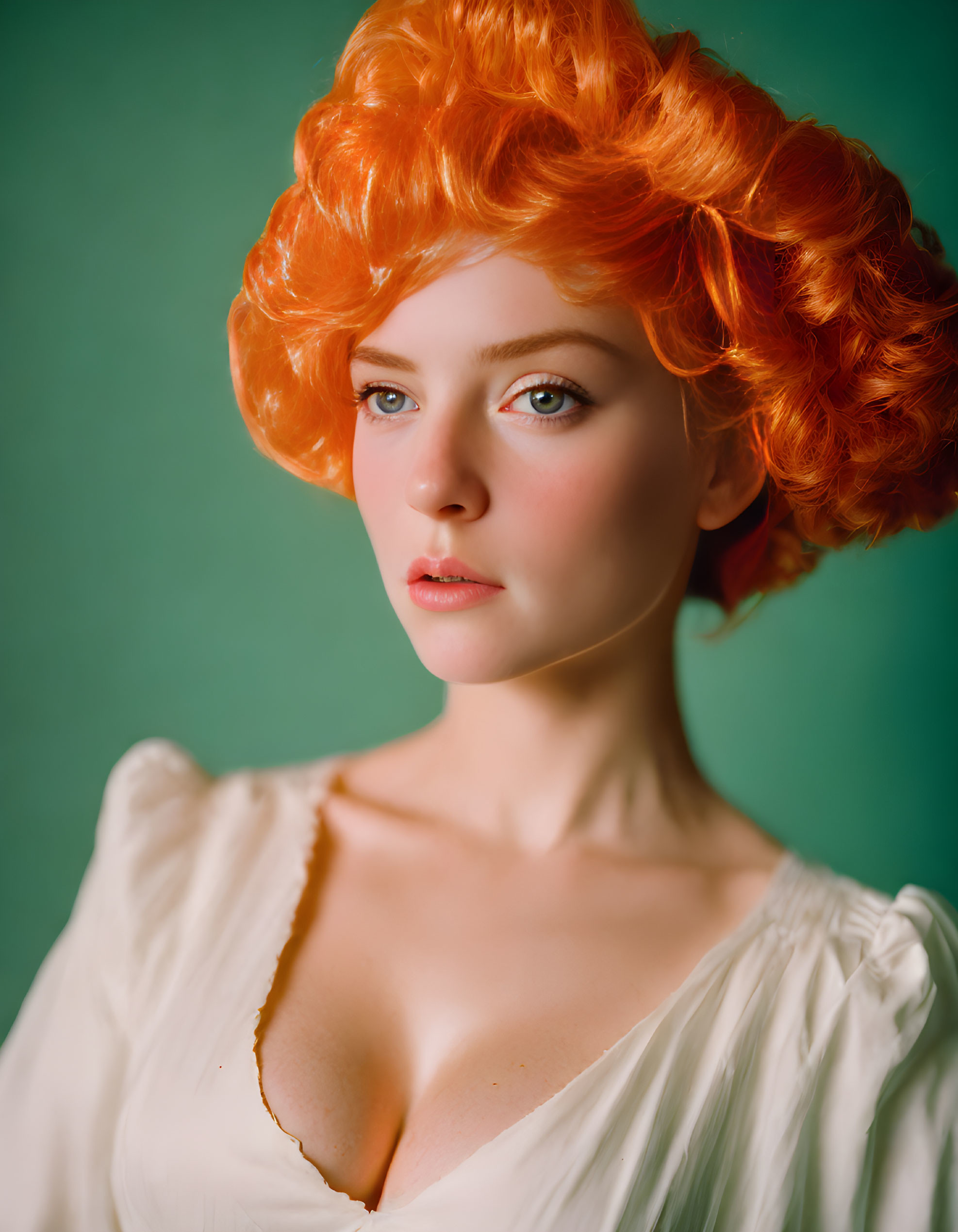 Woman with Bright Orange Curly Hair in Vintage White Blouse