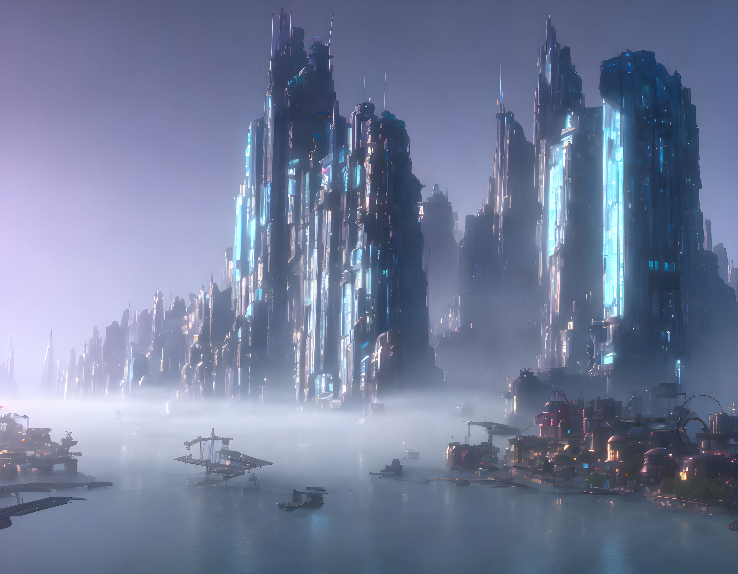 Futuristic cityscape with neon-lit skyscrapers in mist over calm waters.