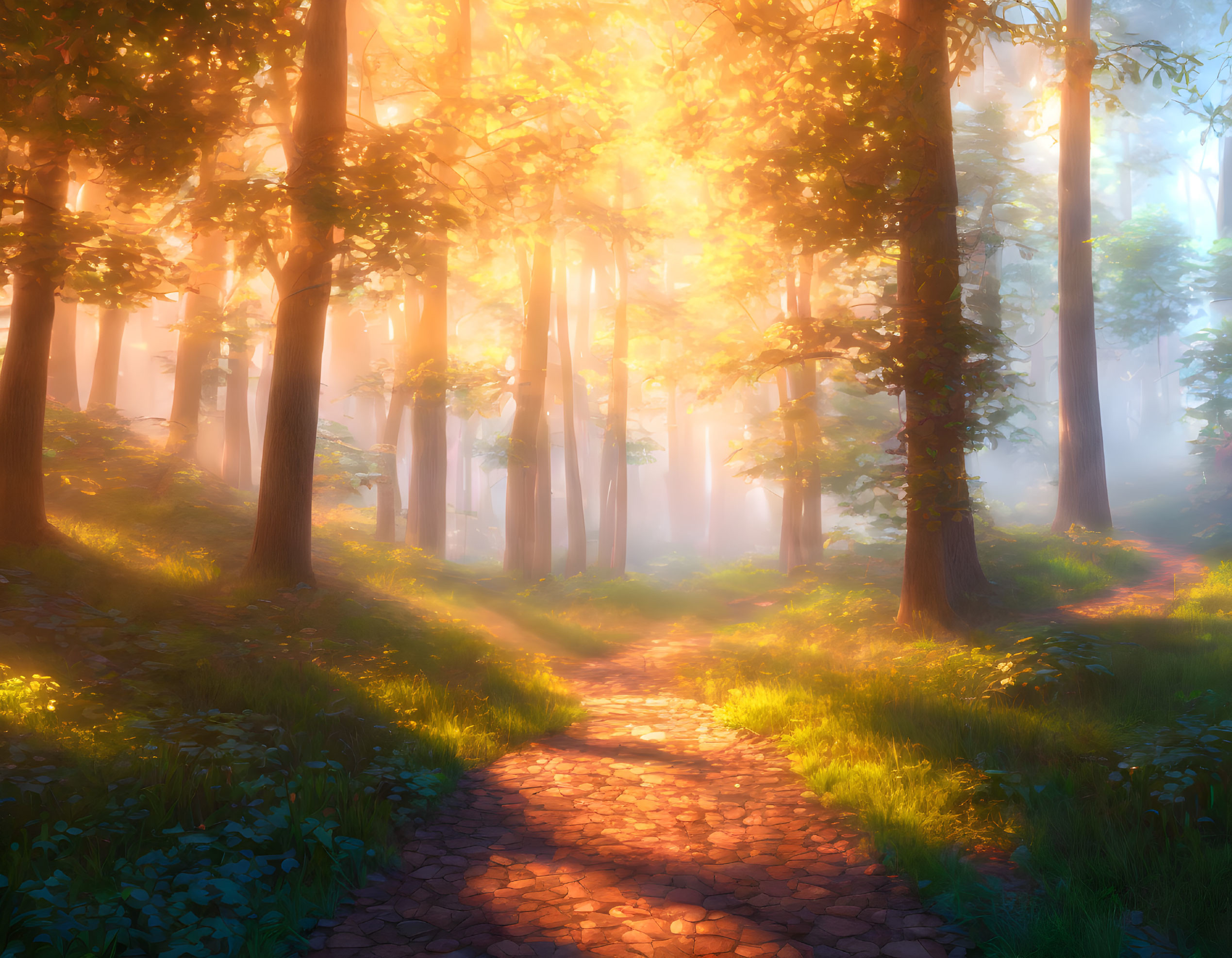 Tranquil Forest Path in Golden Sunlight