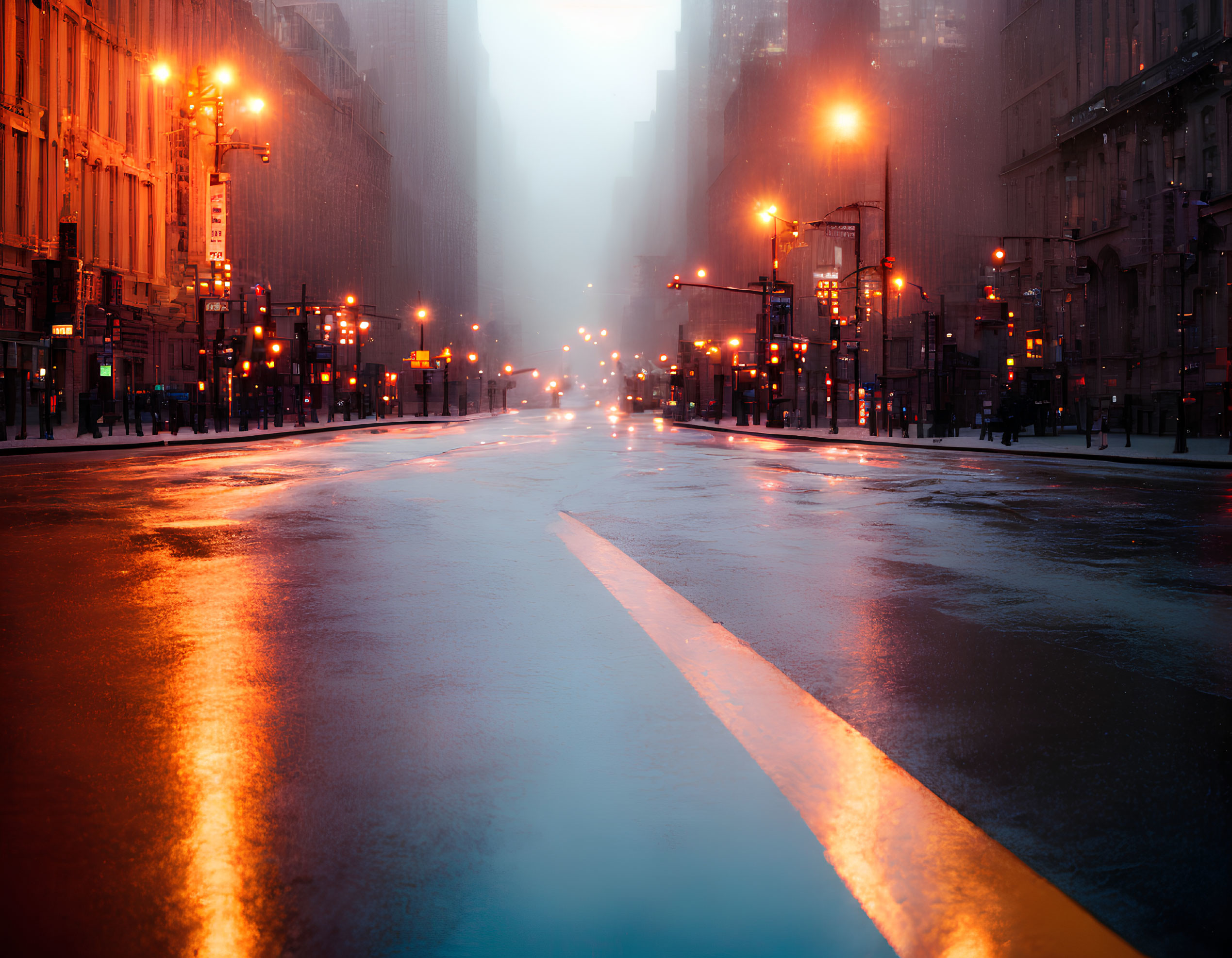 Dusk city street with wet asphalt, misty atmosphere, and illuminated buildings