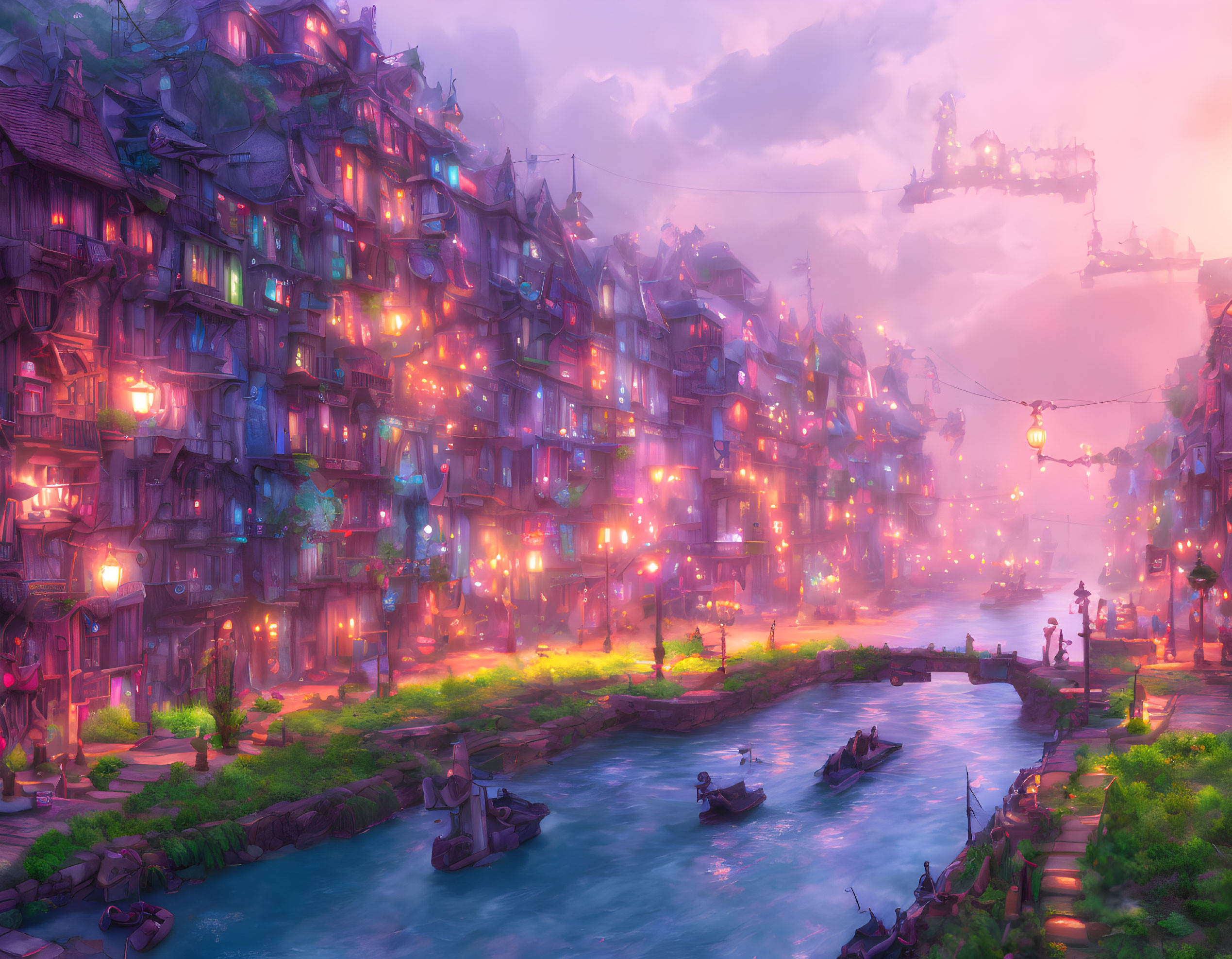 Fantastical cityscape at dusk: vibrant lights, dense buildings, tranquil river.