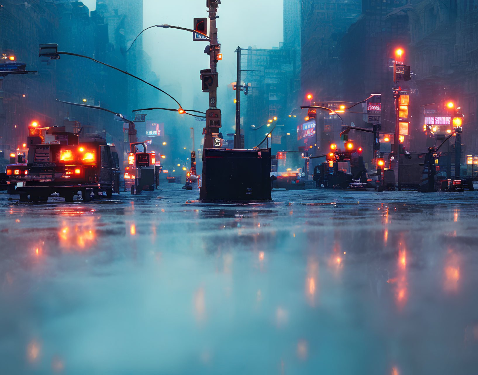 Twilight city street with rain, vehicles, neon signs