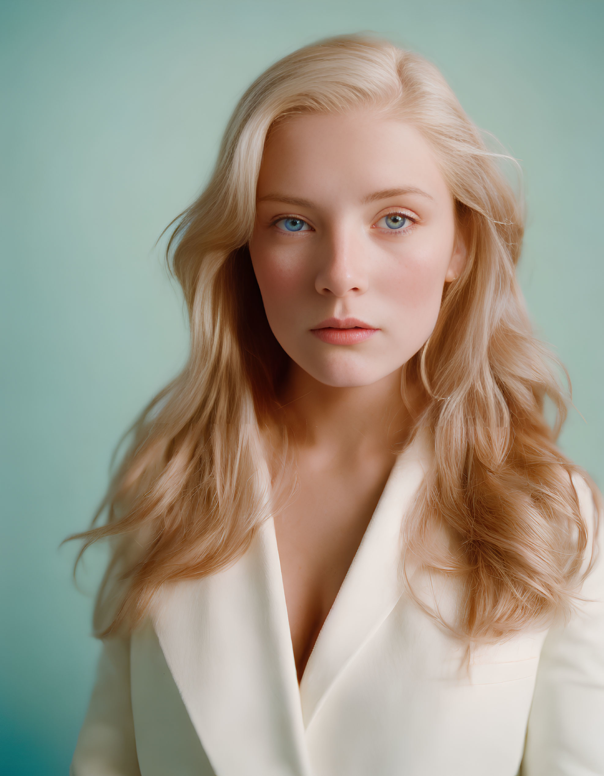 Blonde Woman in White Blazer on Pale Background