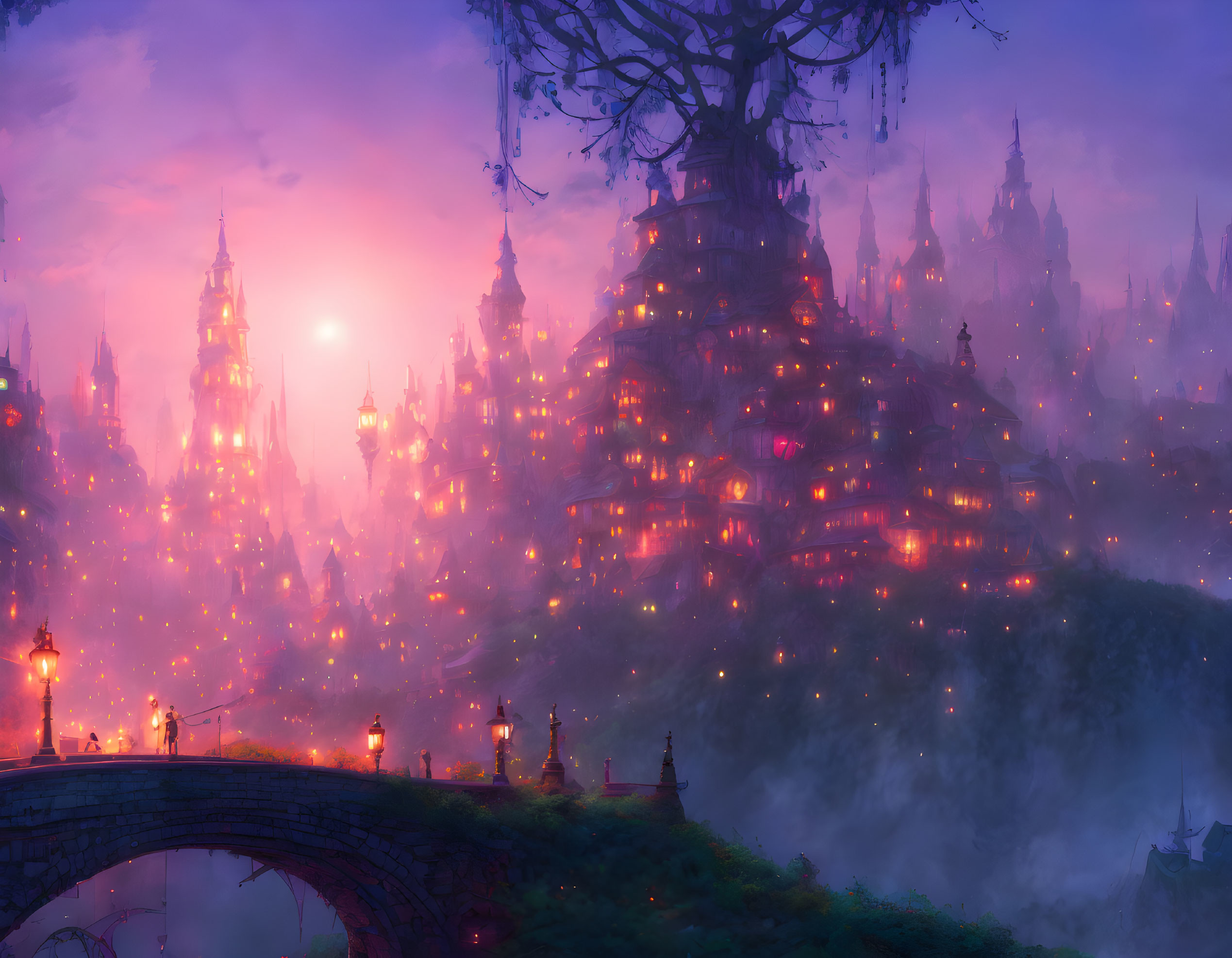 Mystical city with glowing lights, ancient tree, spires, stone bridge, pink sky