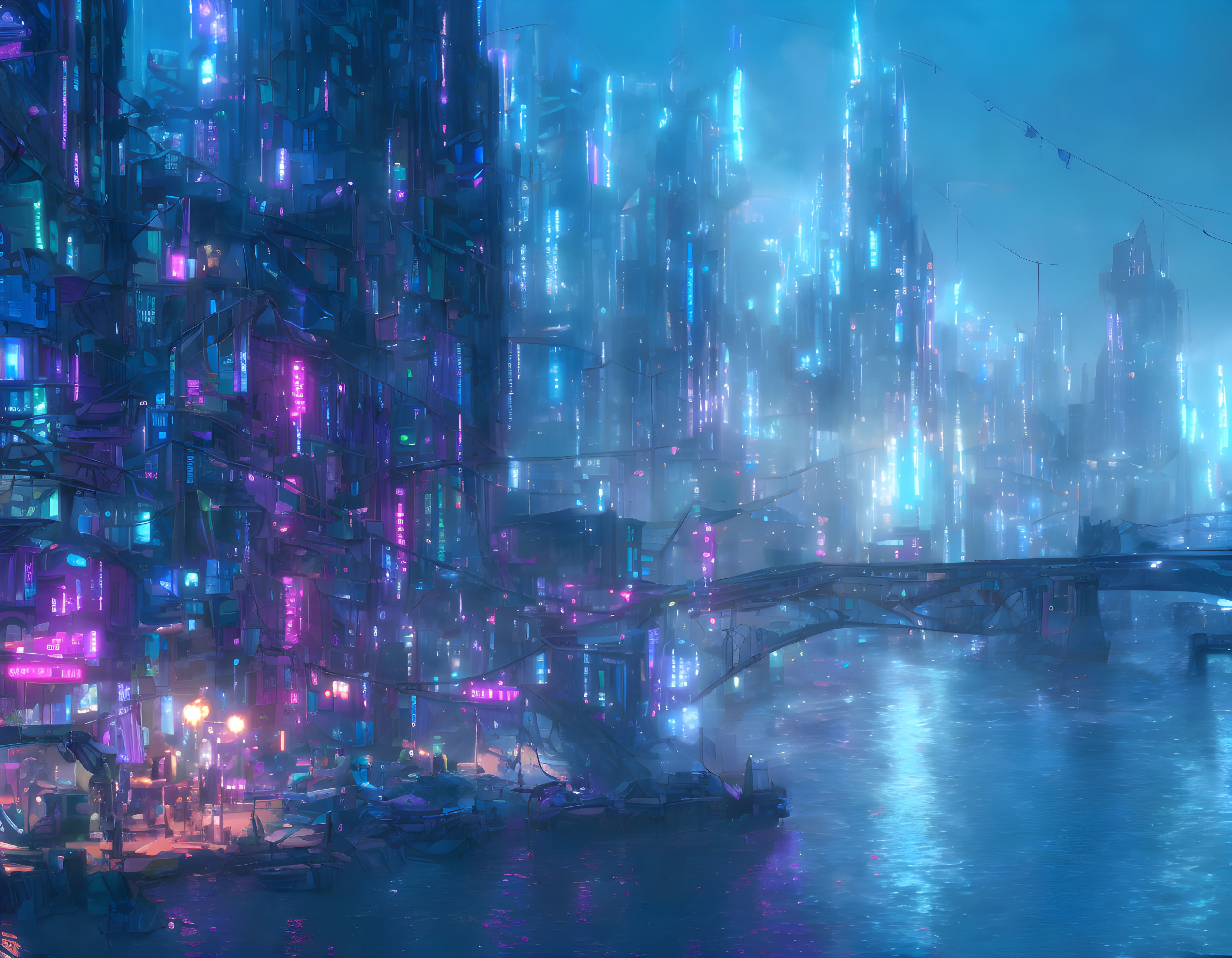 Futuristic cityscape at night with neon lights and bridge