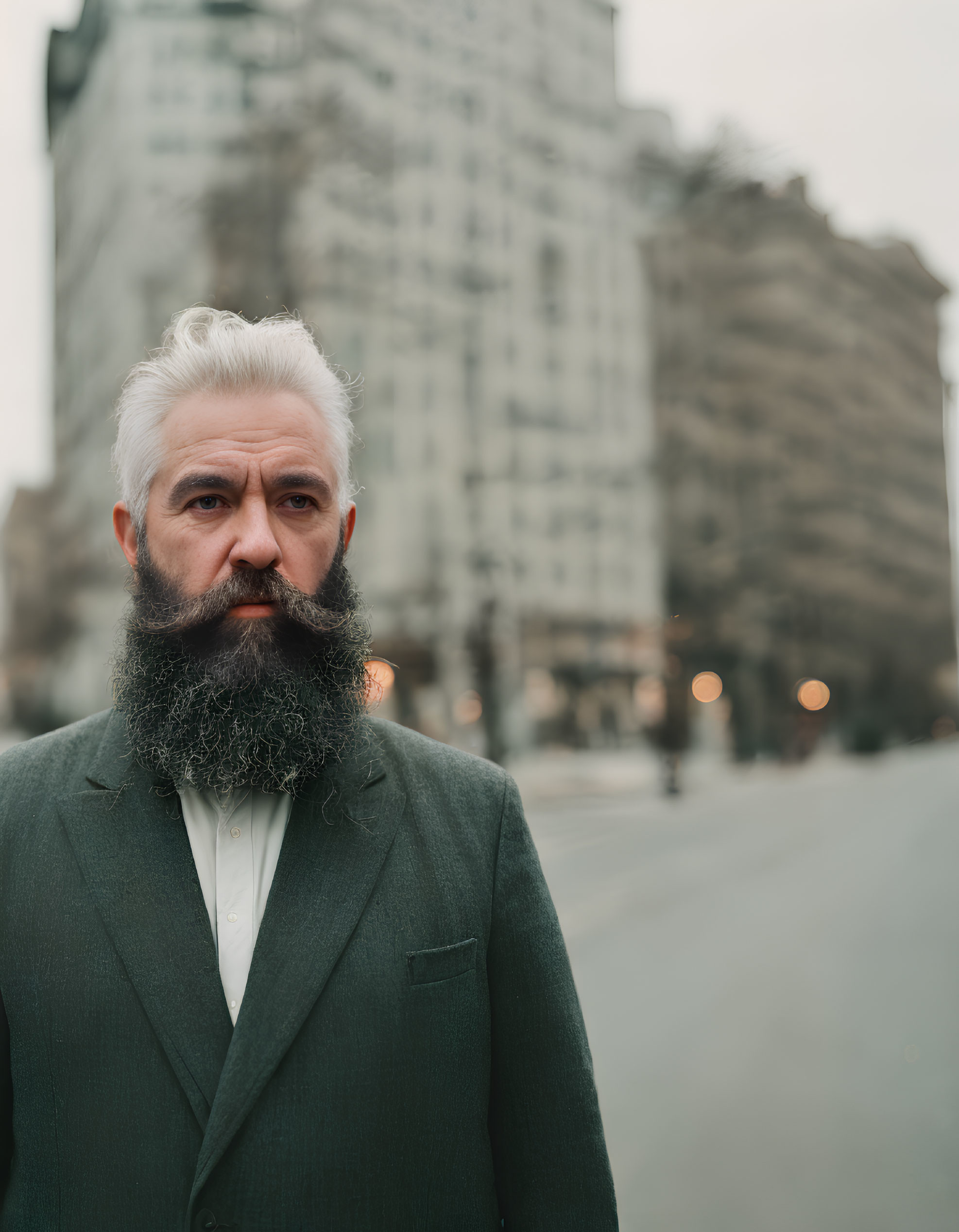 Bearded man in suit on city street with buildings in background