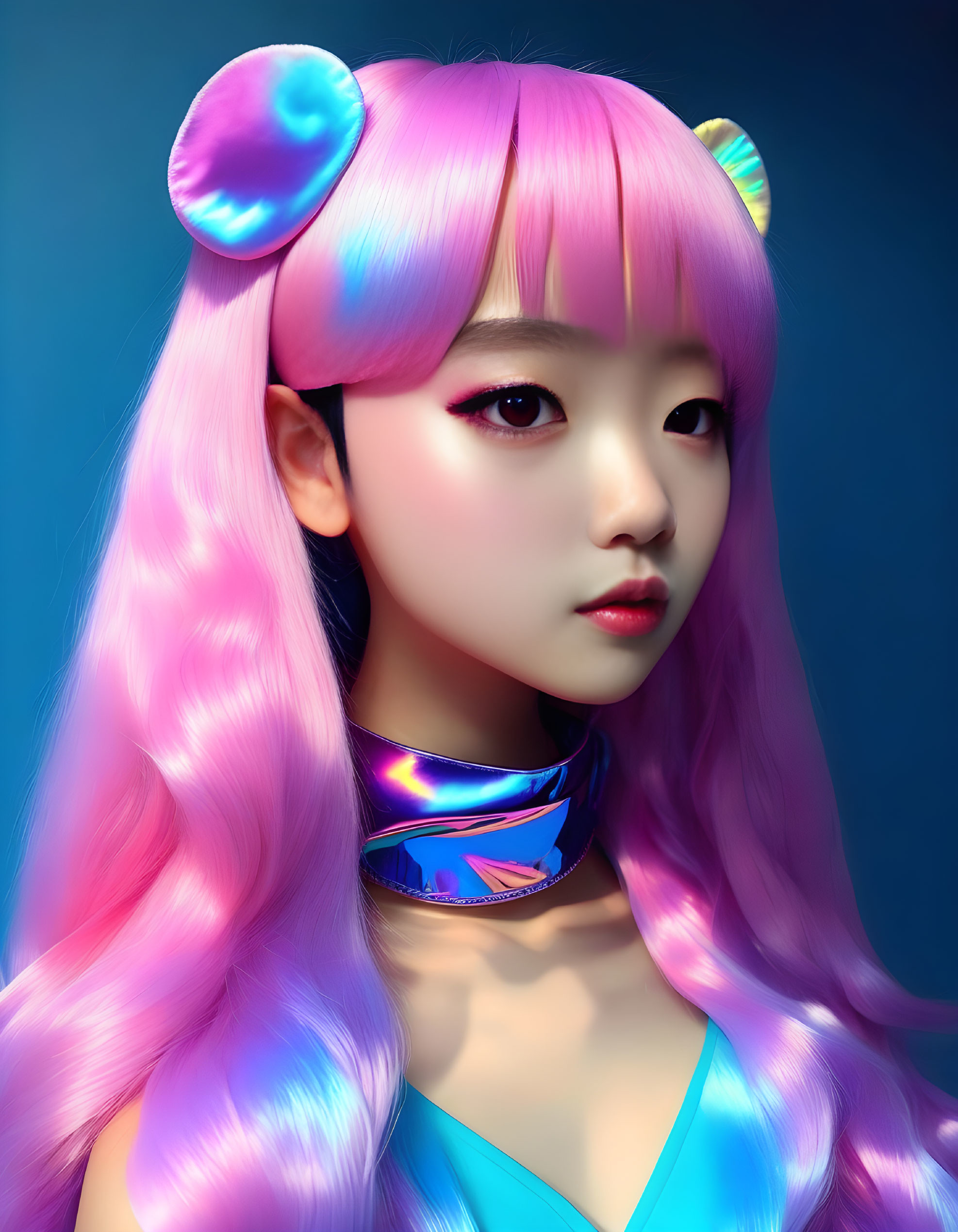 Digital artwork featuring girl with pink hair, futuristic collar, iridescent cat ears, and blue-l