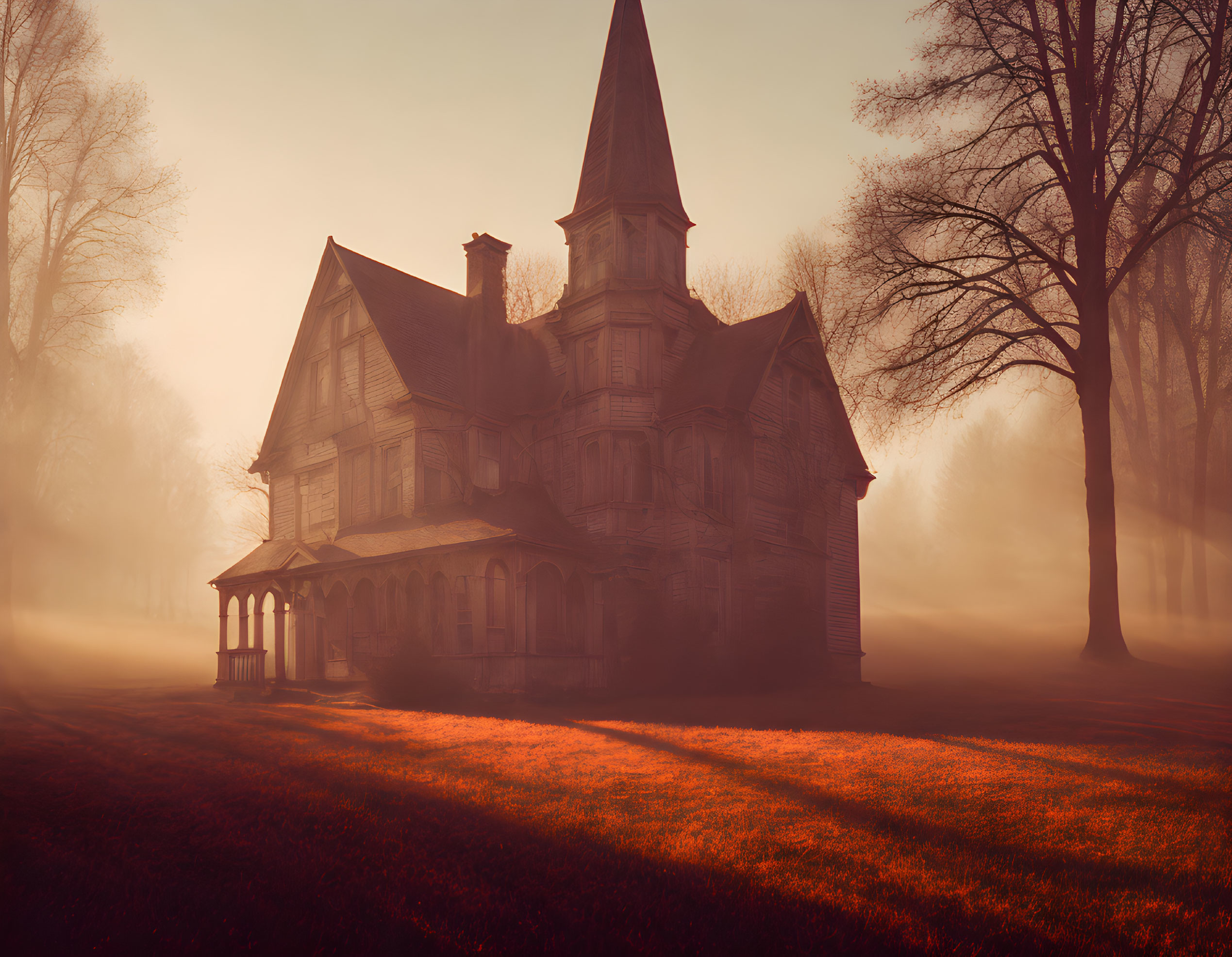 Victorian House in Misty Sunrise Landscape