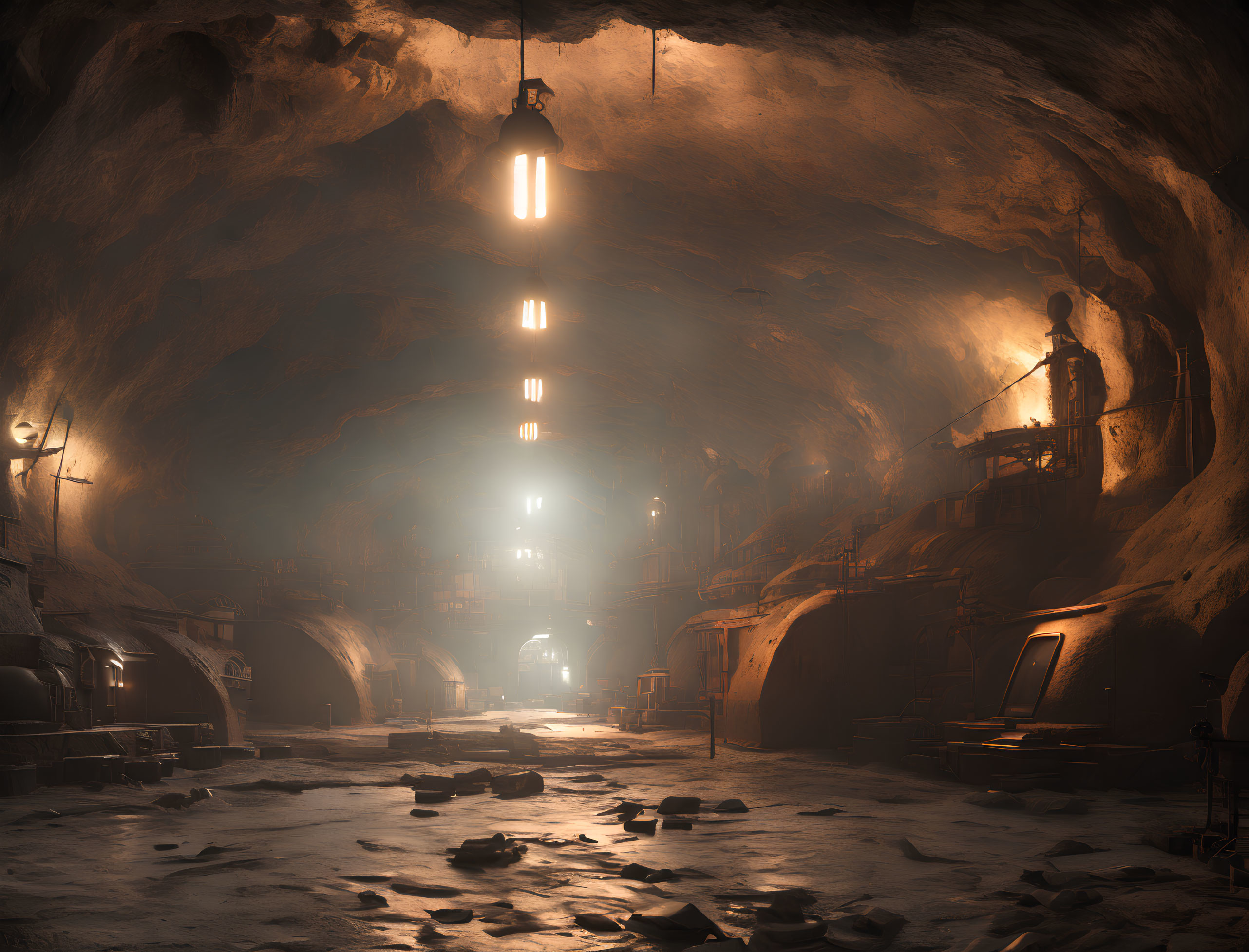 Dimly Lit Underground Cavern with Industrial Machinery and Debris