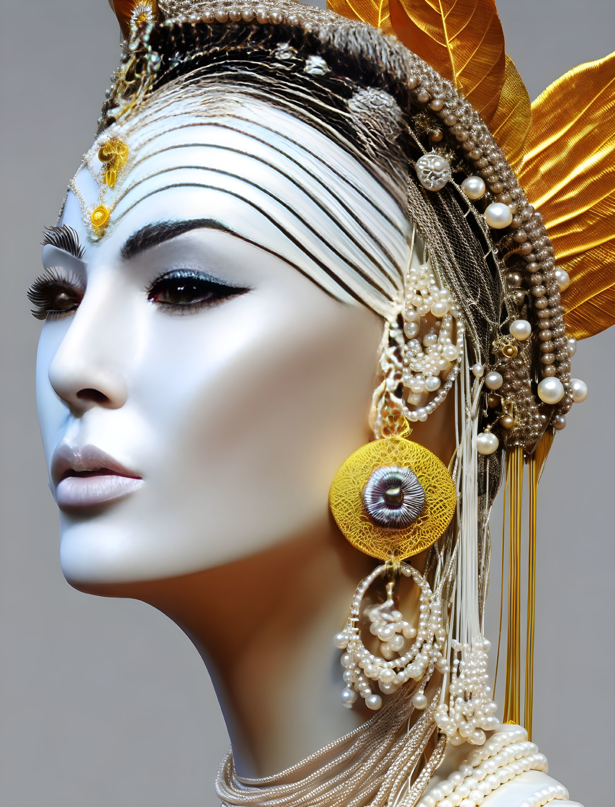 Ornate headgear and white makeup with gold accents and pearls