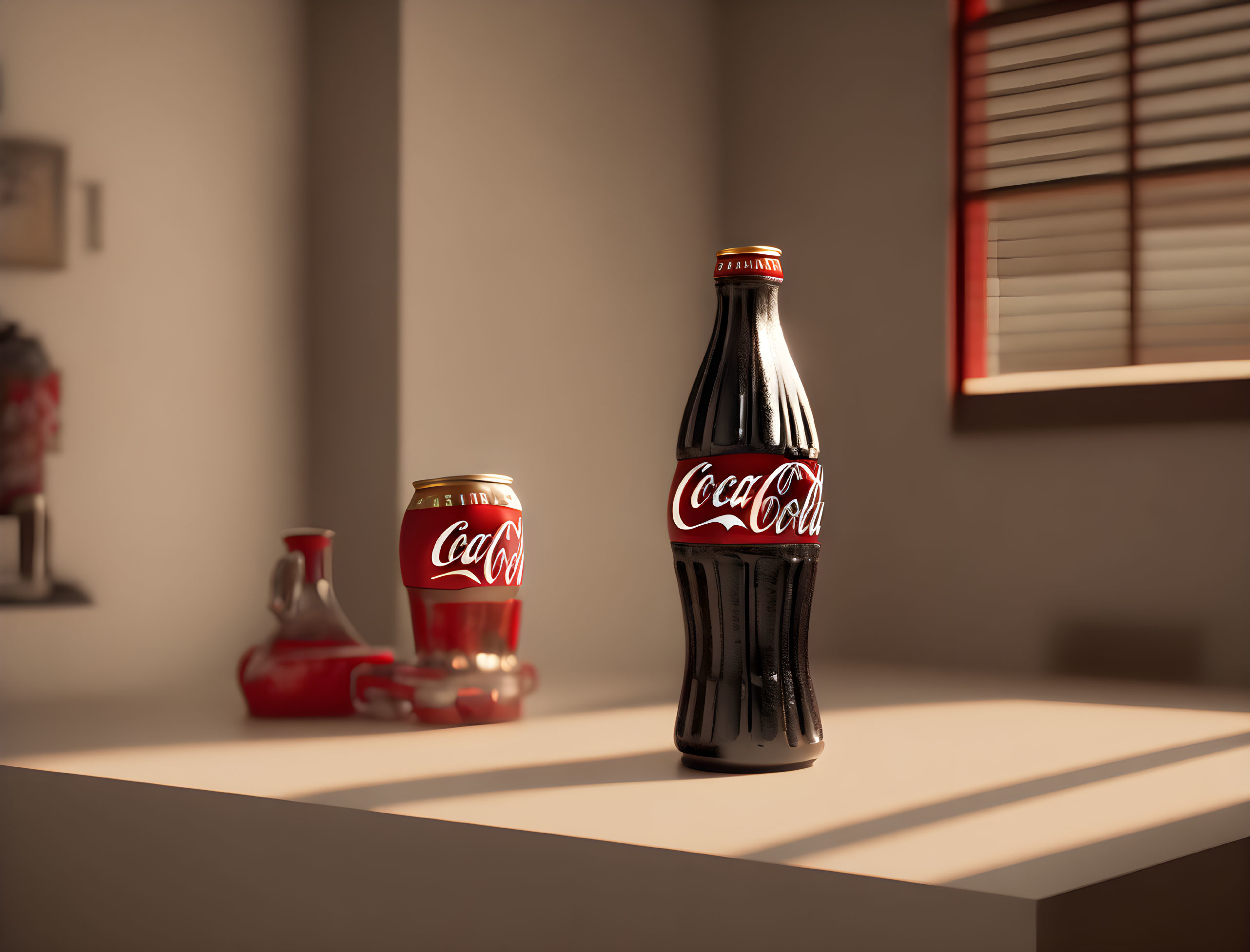 Glass Coca-Cola bottle and can on table with sunlight and blurred red object.