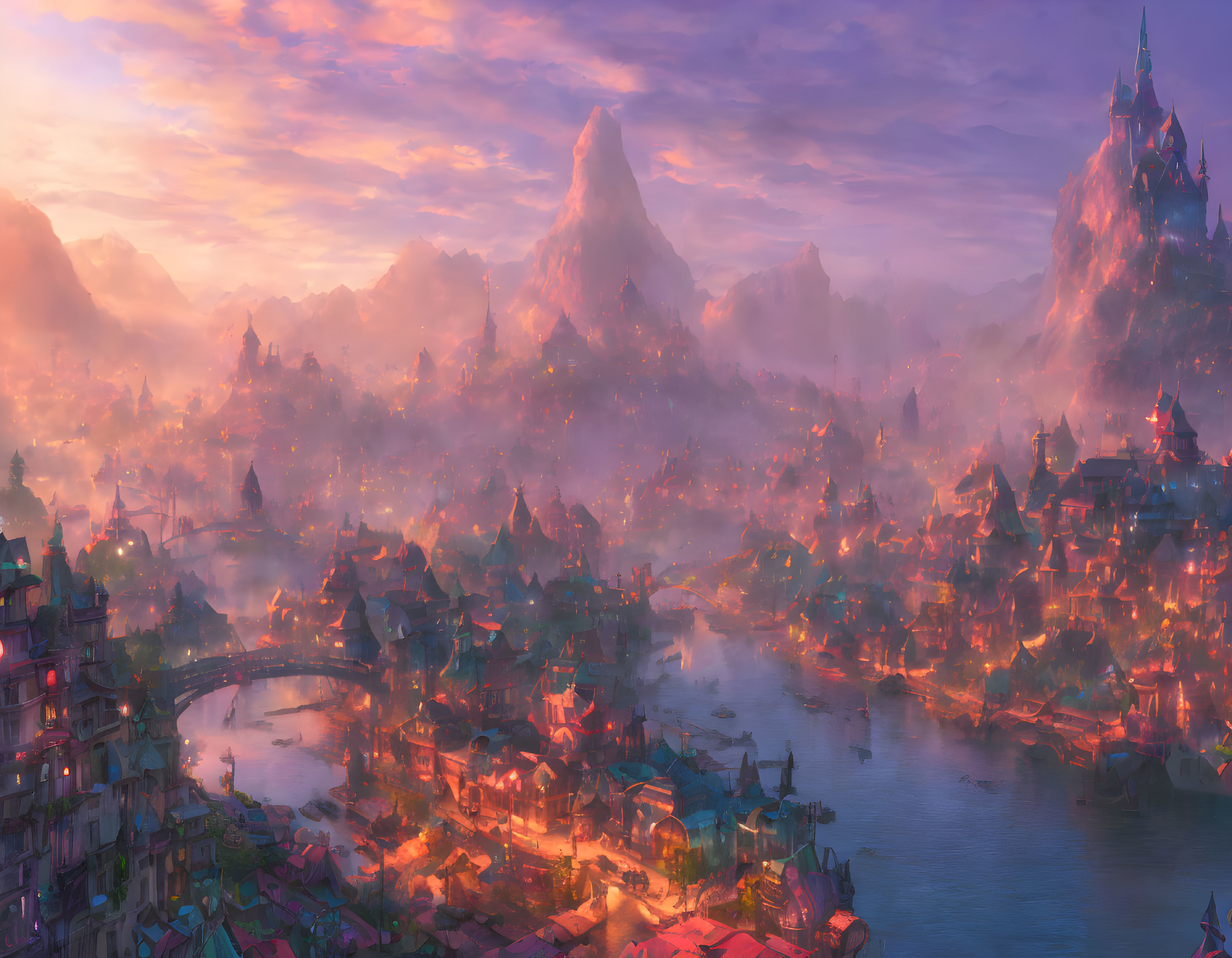 Vibrant sunset cityscape with river, bridges, and intricate architecture