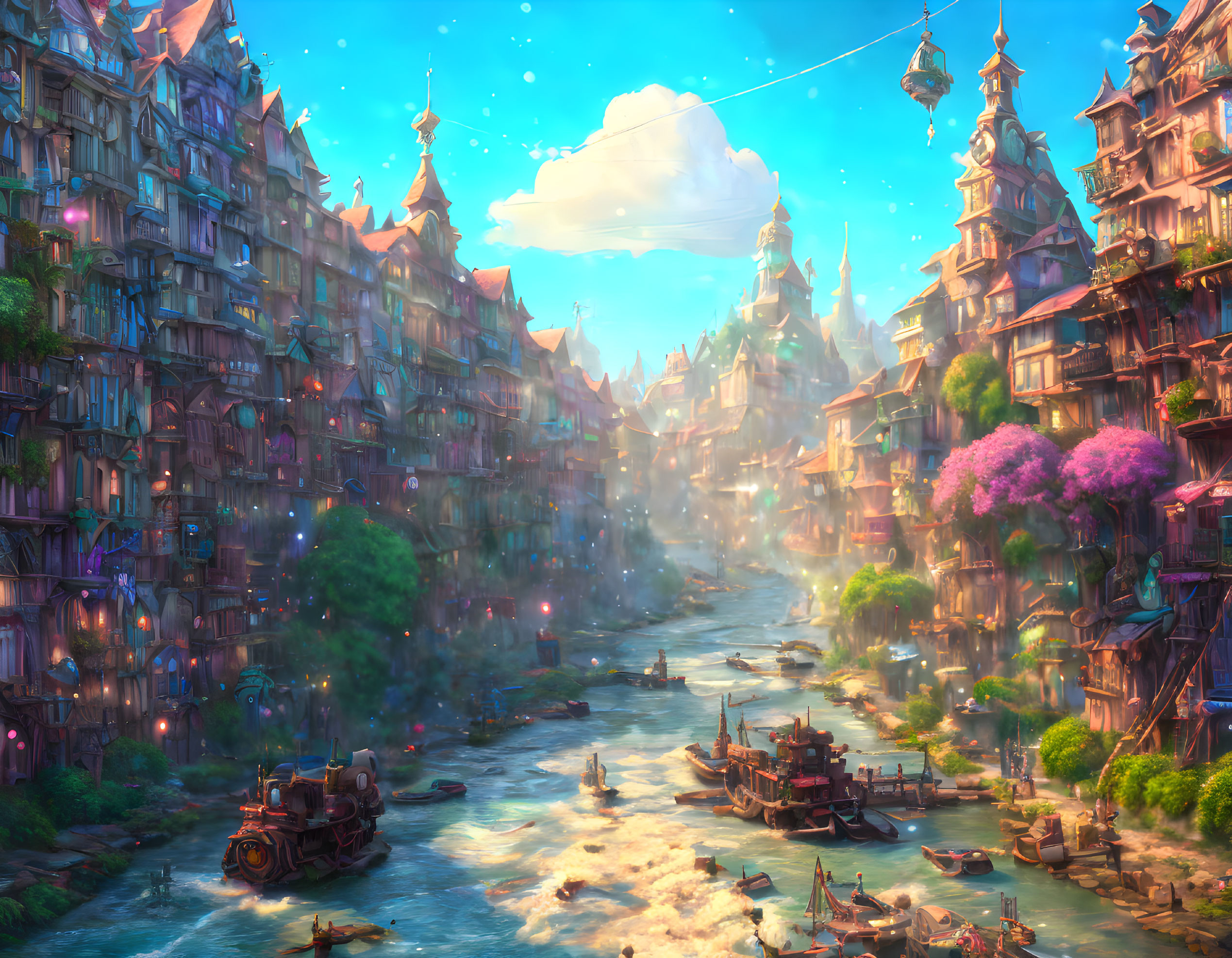 Colorful fantasy cityscape with river, boats, and magical ambiance