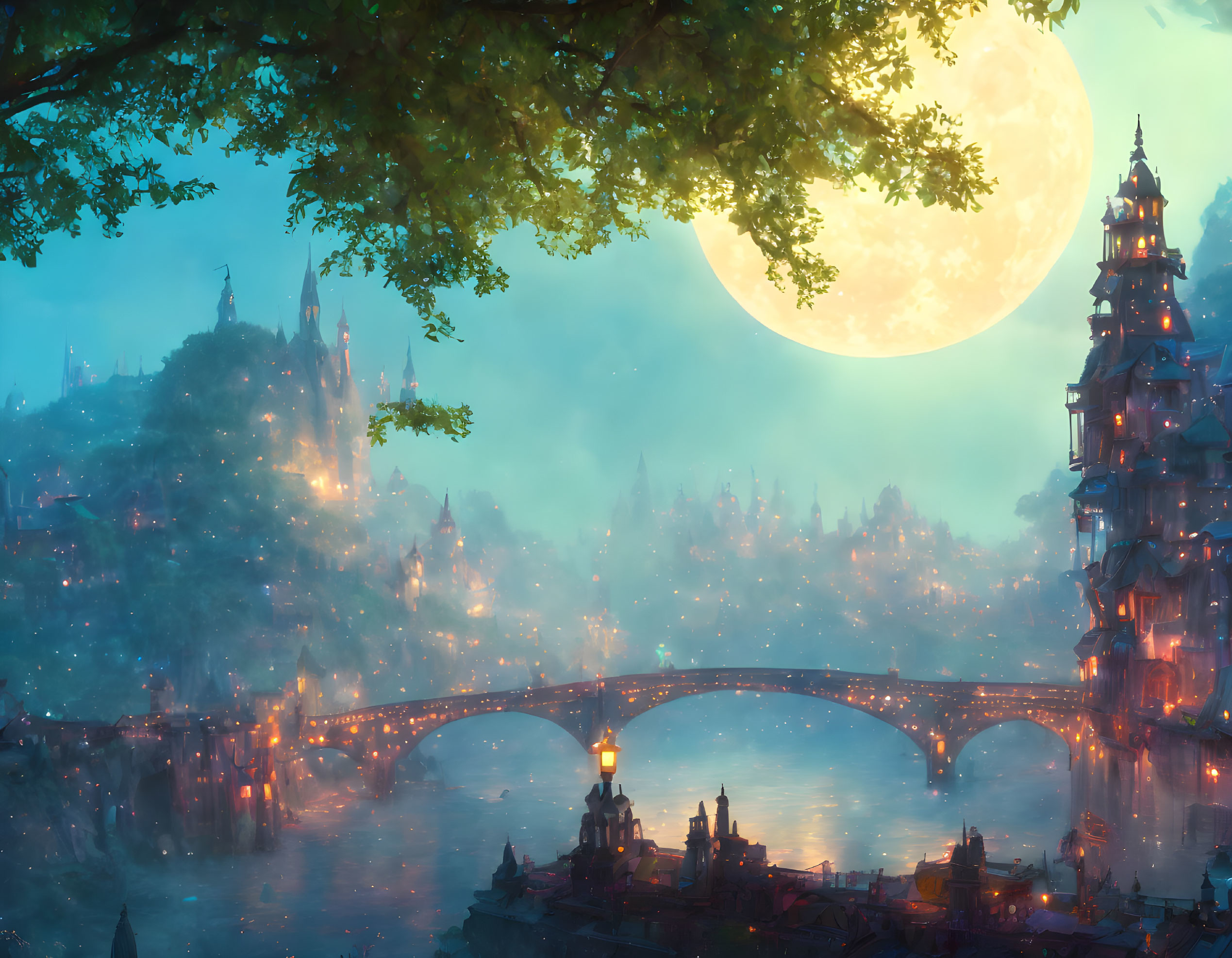 Fantastical cityscape at dusk with illuminated buildings and moonlit river bridge