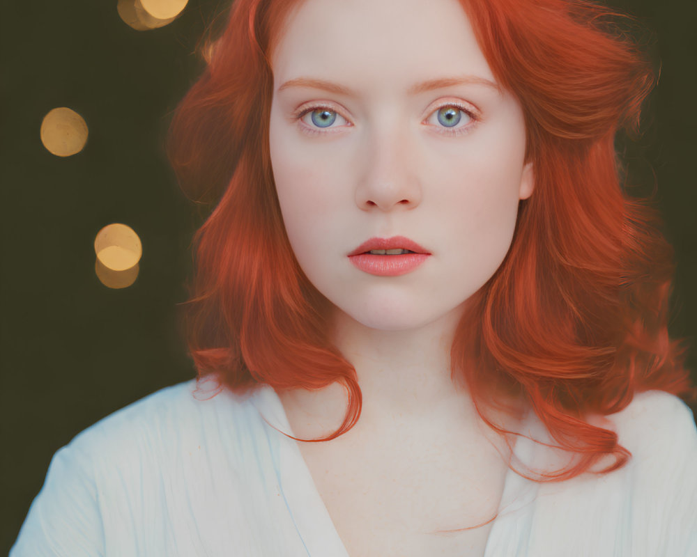 Vibrant red-haired woman in white blouse on dark background with golden bokeh lights