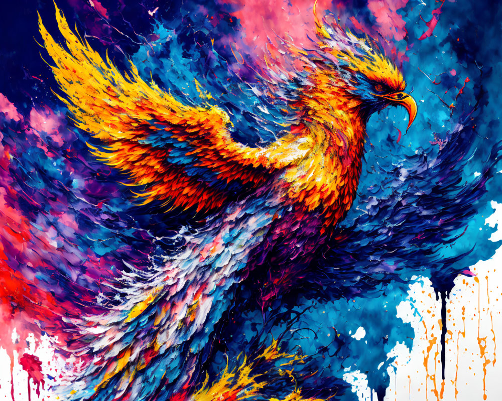 Colorful Mythical Phoenix Flying in Fiery Background