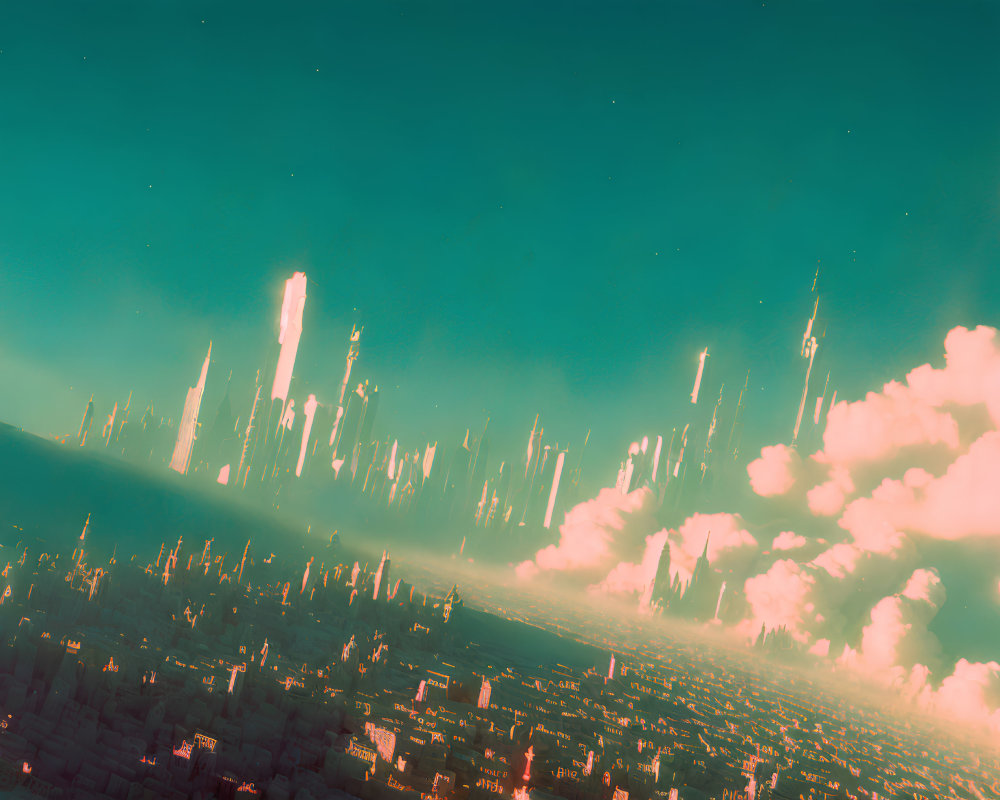 Futuristic cityscape with towering skyscrapers in warm orange glow