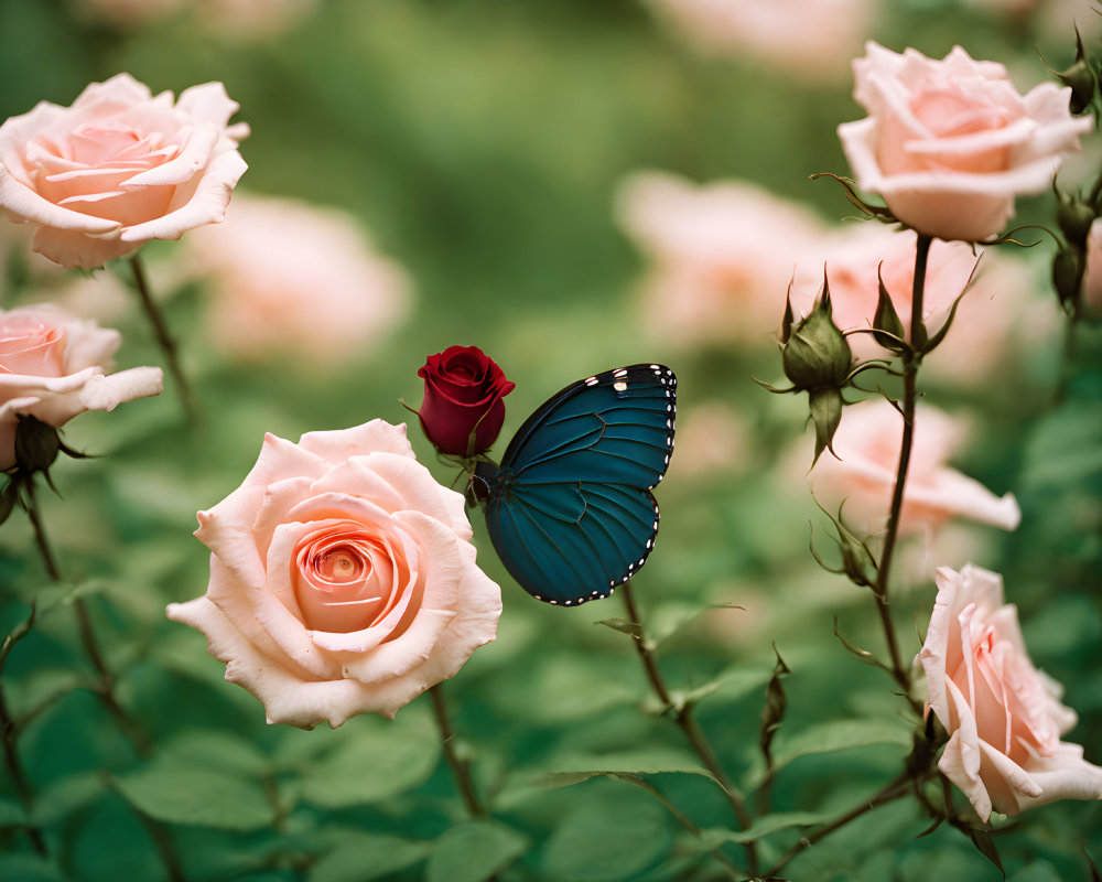 Colorful Butterfly Resting on Greenery and Pink Roses