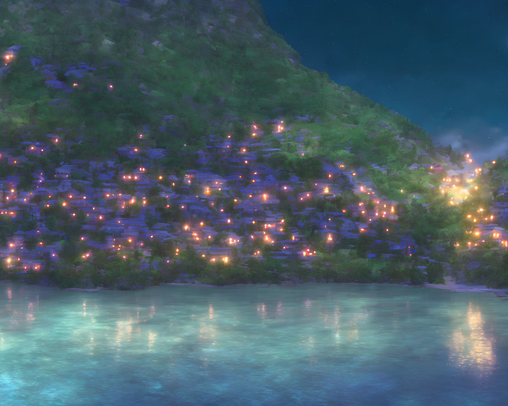 Mountain village reflected in serene water under starry sky